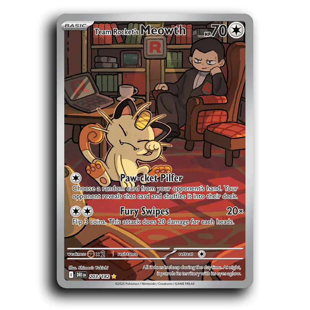 Team Rockets Meowth 203/182 Destined Rivals Illustration Rare Pokemon Card TCG Holofoil