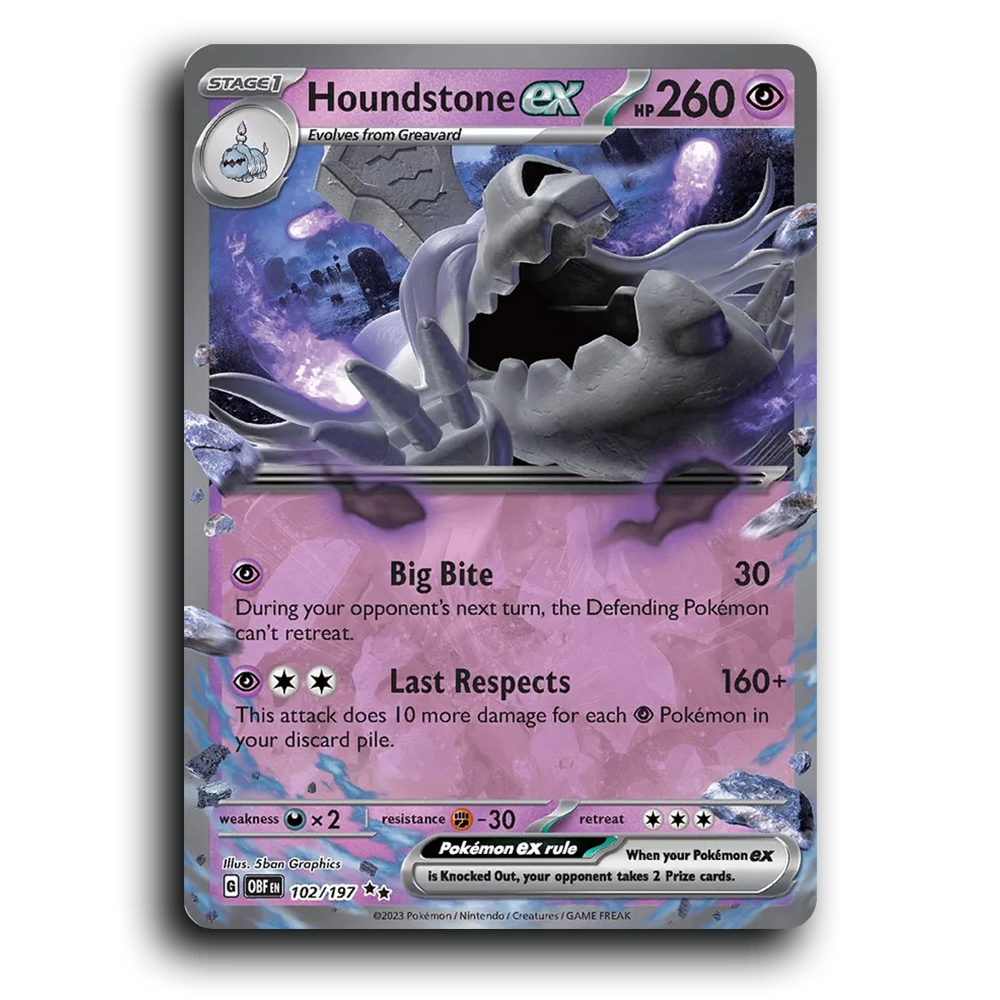 Houndstone ex (102/197) [Obsidian Flames] 2023 G Double Rare English 5ban Graphics Psychic, ex OBF Stage 1 Ghost Dog Pokémon Pokemon Card TCG Near Mint NM