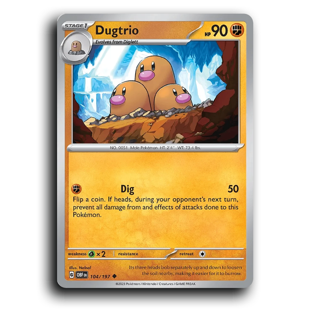 Dugtrio (104/197) [Obsidian Flames] 2023 G Uncommon English Nelnal Fighting OBF Stage 1 Mole Pokémon Pokemon Card TCG Near Mint NM