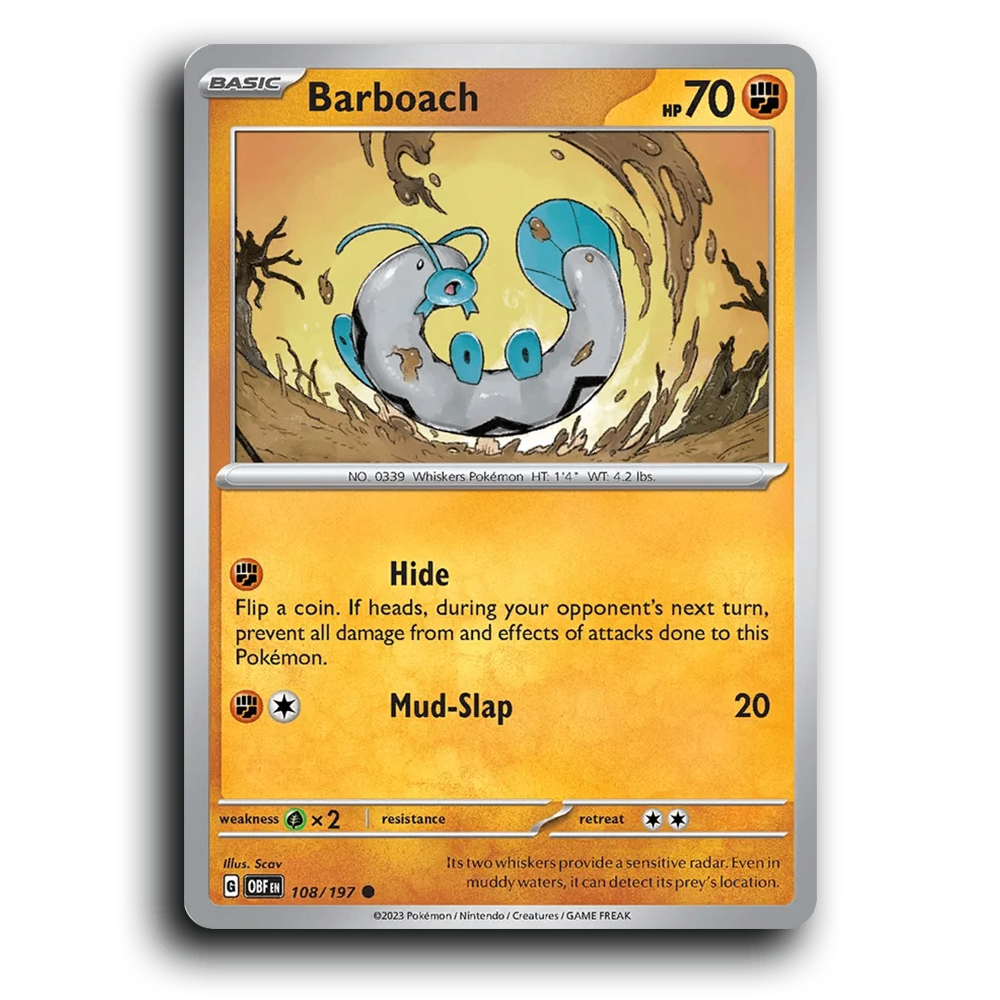 Barboach (108/197) [Obsidian Flames] 2023 G Common English Scav Fighting OBF Basic Whiskers Pokémon Pokemon Card TCG Near Mint NM