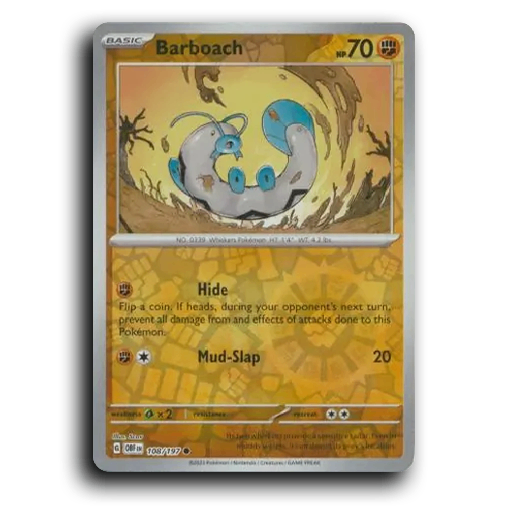 Barboach (108/197) [Obsidian Flames] 2023 G Common English Scav Fighting OBF Basic Whiskers Pokémon Pokemon Card TCG Near Mint NM Reverse Holo