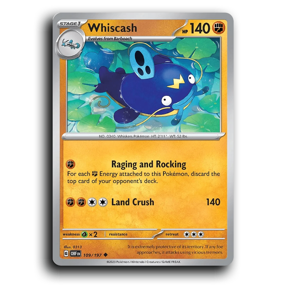 Whiscash (109/197) [Obsidian Flames] 2023 G Uncommon English 313 Fighting OBF Stage 1 Whiskers Pokémon Pokemon Card TCG Near Mint NM