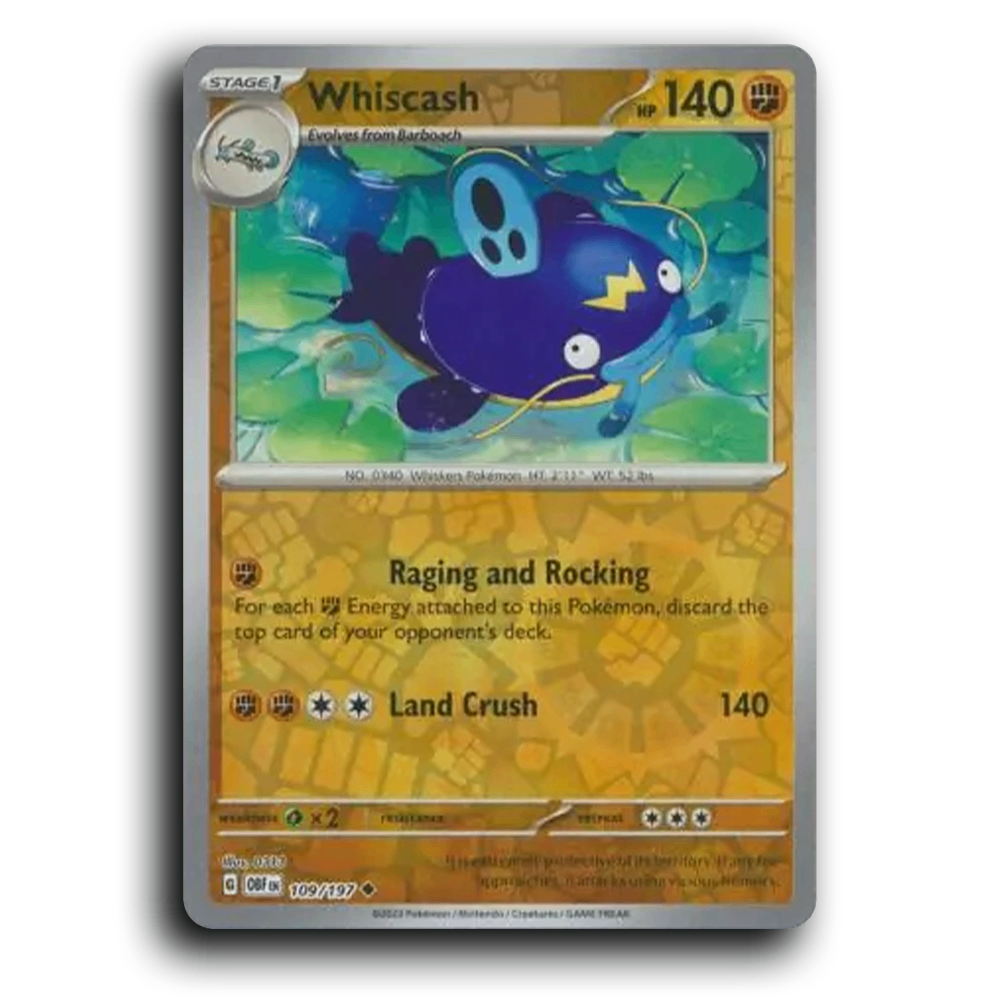 Whiscash (109/197) [Obsidian Flames] 2023 G Uncommon English 313 Fighting OBF Stage 1 Whiskers Pokémon Pokemon Card TCG Near Mint NM Reverse Holo