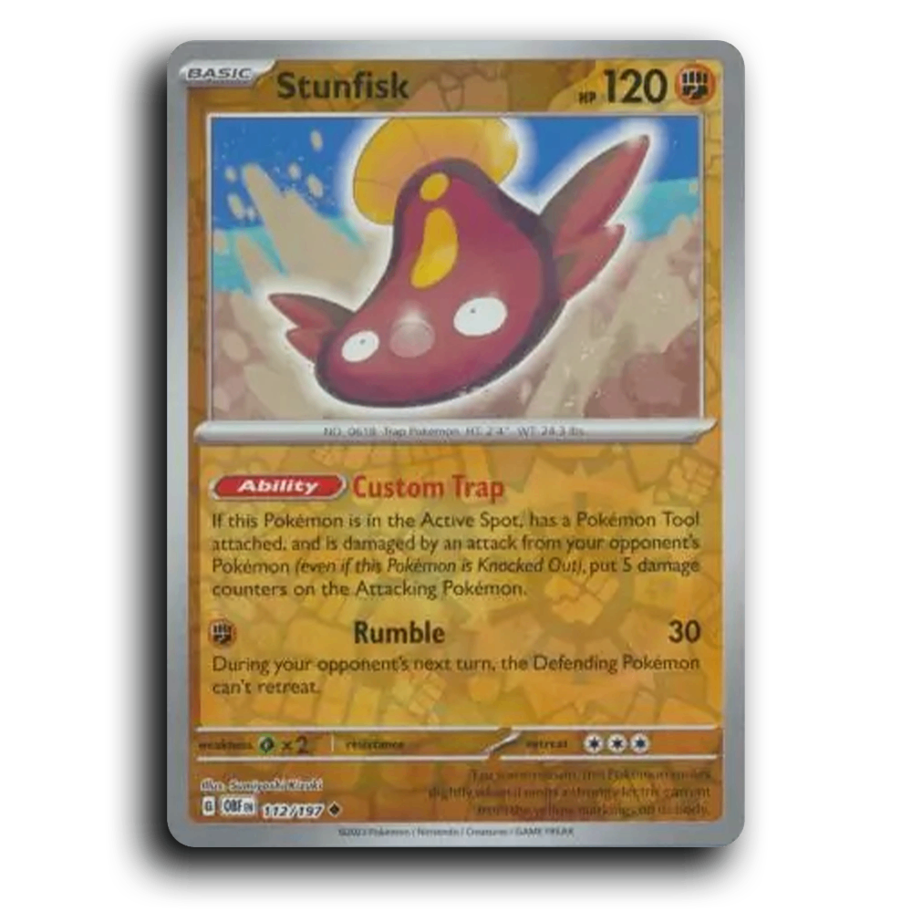 Stunfisk (112/197) [Obsidian Flames] 2023 G Uncommon English Sumiyoshi Kizuki Fighting OBF Basic Trap Pokémon Pokemon Card TCG Near Mint NM Reverse Holo