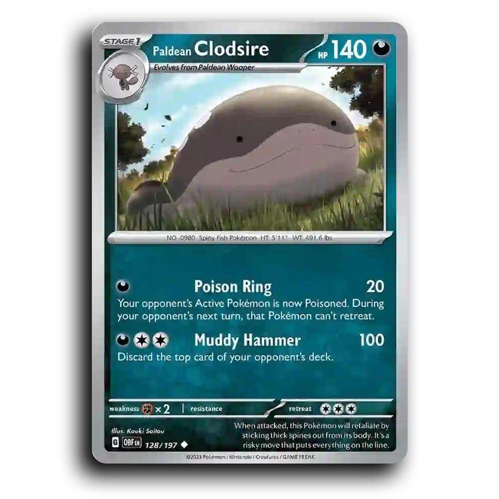 Paldean Clodsire (128/197) [Obsidian Flames] 2023 G Uncommon English Kouki Saitou Darkness OBF Stage 1 Spiny Fish Pokémon Pokemon Card TCG Near Mint NM