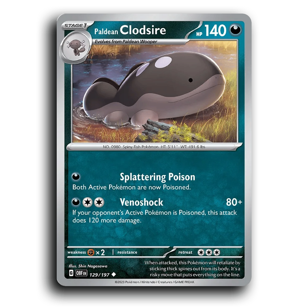 Paldean Clodsire (129/197) [Obsidian Flames] 2023 G Uncommon English Shin Nagasawa Darkness OBF Stage 1 Spiny Fish Pokémon Pokemon Card TCG Near Mint NM