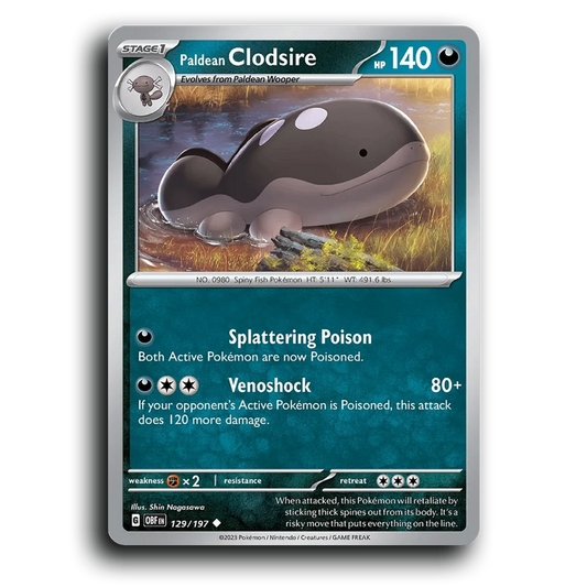 Paldean Clodsire (129/197) [Obsidian Flames] 2023 G Uncommon English Shin Nagasawa Darkness OBF Stage 1 Spiny Fish Pokémon Pokemon Card TCG Near Mint NM