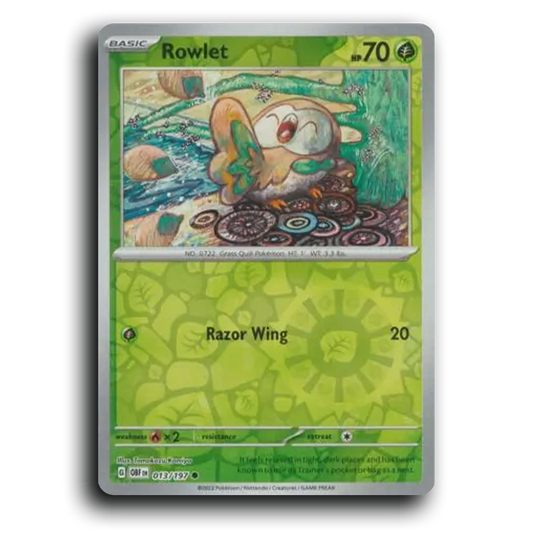 Rowlet (013/197) [Obsidian Flames] 2023 G Common English Tomokazu Komiya Grass OBF Basic Grass Quill Pokémon Pokemon Card TCG Near Mint NM Reverse Holo