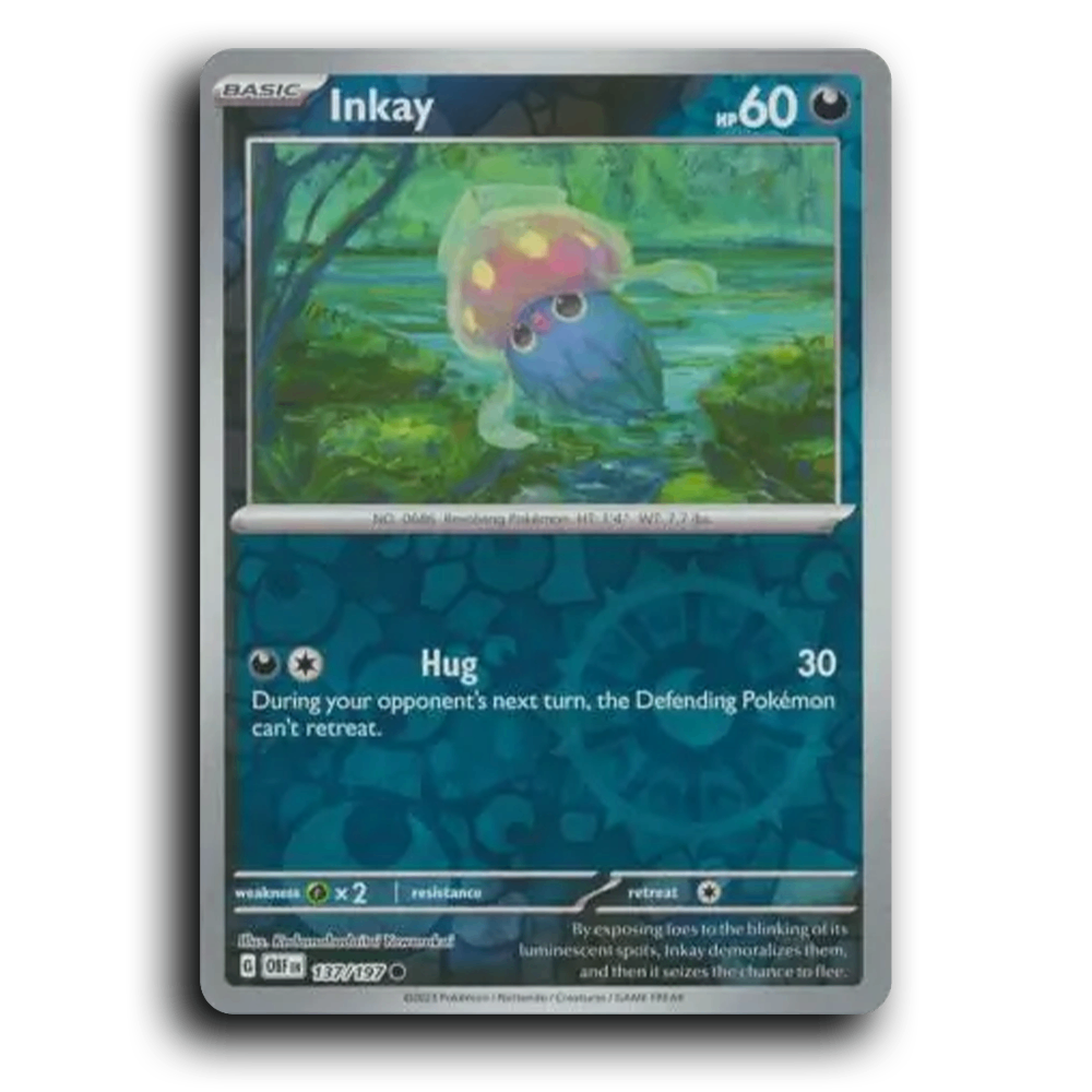 Inkay (137/197) [Obsidian Flames] 2023 G Common English Kedamahadaitai Yawarakai Darkness OBF Basic Revolving Pokémon Pokemon Card TCG Near Mint NM Reverse Holo