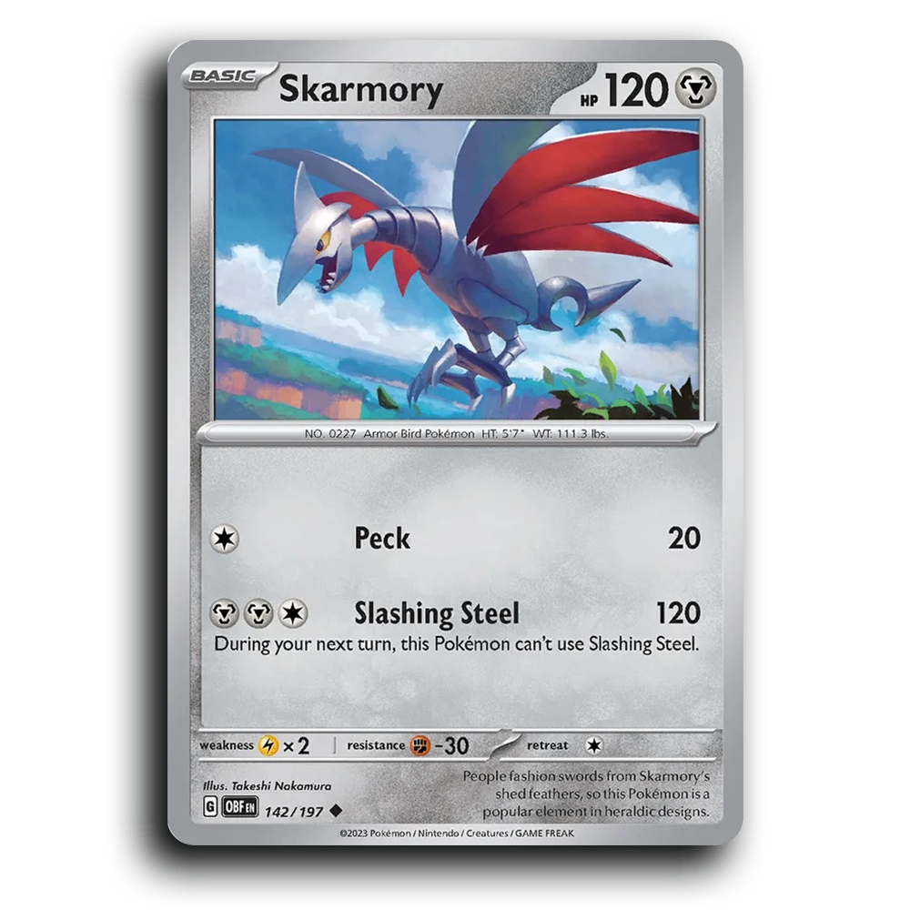 Skarmory (142/197) [Obsidian Flames] 2023 G Uncommon English Takeshi Nakamura Metal OBF Basic Armor Bird Pokémon Pokemon Card TCG Near Mint NM