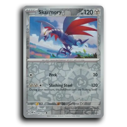 Skarmory (142/197) [Obsidian Flames] 2023 G Uncommon English Takeshi Nakamura Metal OBF Basic Armor Bird Pokémon Pokemon Card TCG Near Mint NM Reverse Holo