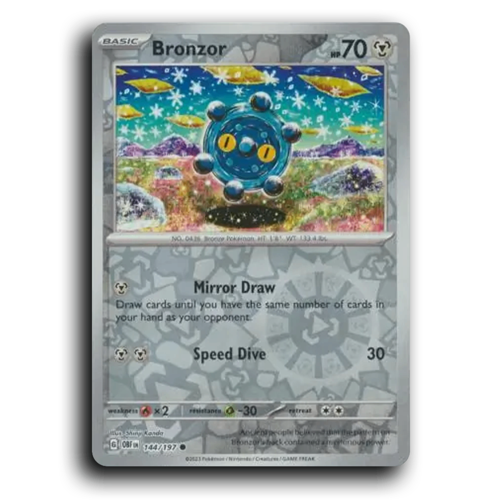 Bronzor (144/197) [Obsidian Flames] 2023 G Common English Shinji Kanda Metal OBF Basic Bronze Pokémon Pokemon Card TCG Near Mint NM Reverse Holo