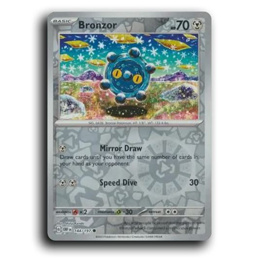 Bronzor (144/197) [Obsidian Flames] 2023 G Common English Shinji Kanda Metal OBF Basic Bronze Pokémon Pokemon Card TCG Near Mint NM Reverse Holo