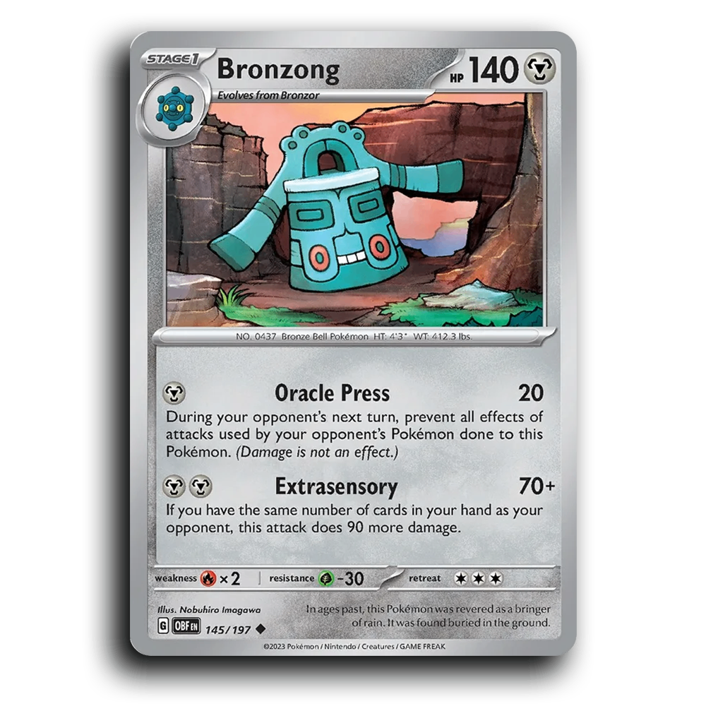 Bronzong (145/197) [Obsidian Flames] 2023 G Uncommon English Nobuhiro Imagawa Metal OBF Stage 1 Bronze Bell Pokémon Pokemon Card TCG Near Mint NM