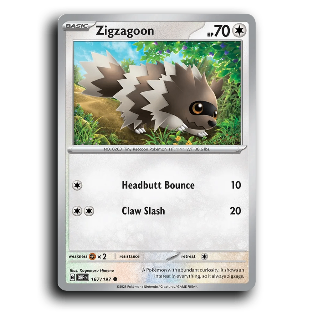 Zigzagoon (167/197) [Obsidian Flames] 2023 G Common English Kagemaru Himeno Colorless OBF Basic TinyRaccoon Pokémon Pokemon Card TCG Near Mint NM