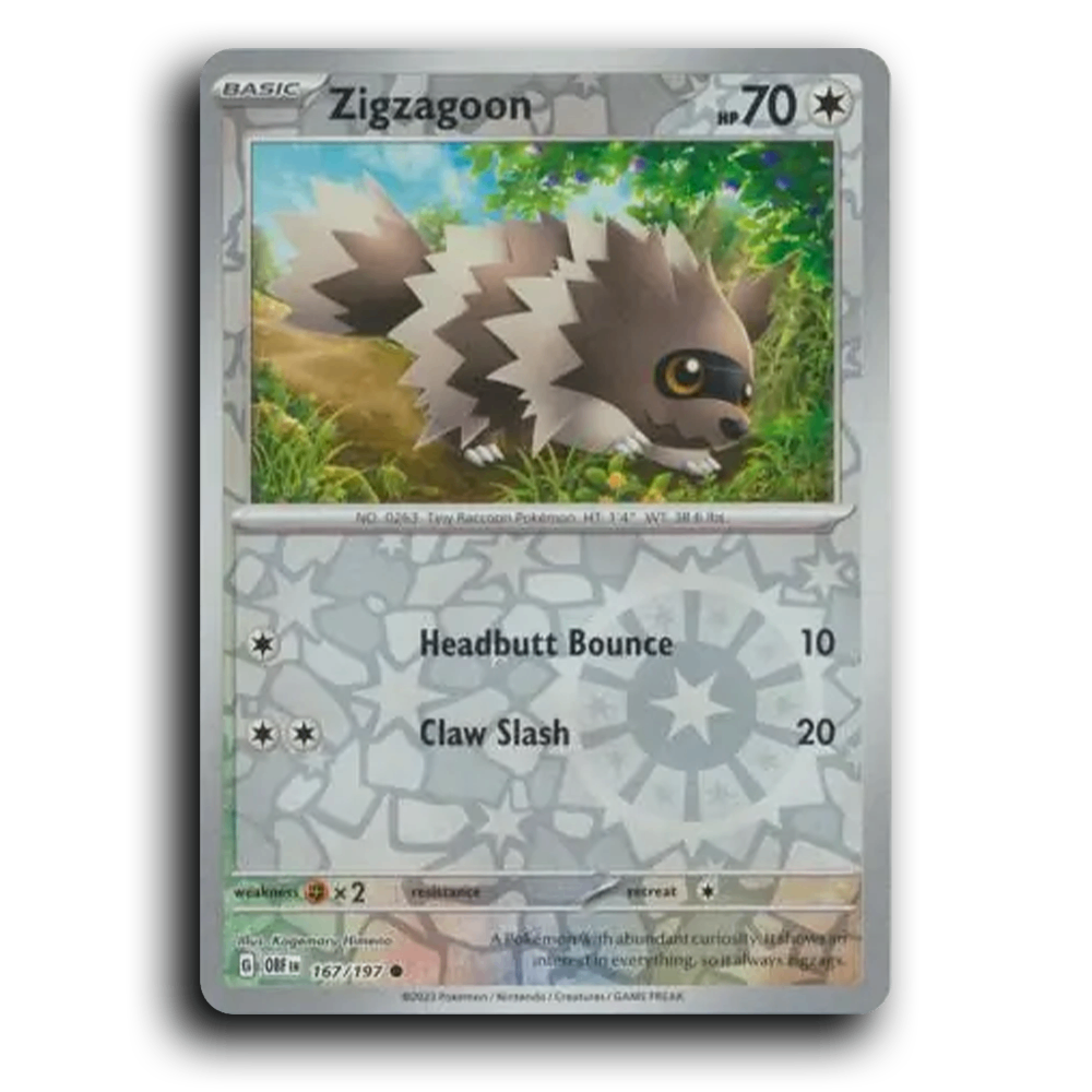 Zigzagoon (167/197) [Obsidian Flames] 2023 G Common English Kagemaru Himeno Colorless OBF Basic TinyRaccoon Pokémon Pokemon Card TCG Near Mint NM Reverse Holo
