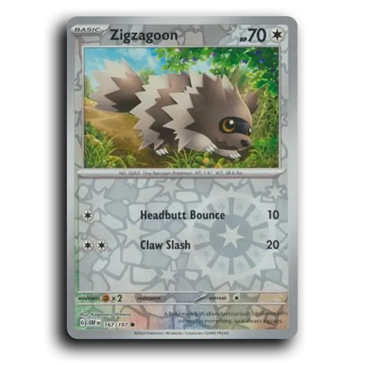 Zigzagoon (167/197) [Obsidian Flames] 2023 G Common English Kagemaru Himeno Colorless OBF Basic TinyRaccoon Pokémon Pokemon Card TCG Near Mint NM Reverse Holo