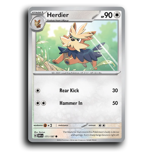Herdier (171/197) [Obsidian Flames] 2023 G Common English Kariya Colorless OBF Stage 1 Loyal Dog Pokémon Pokemon Card TCG Near Mint NM