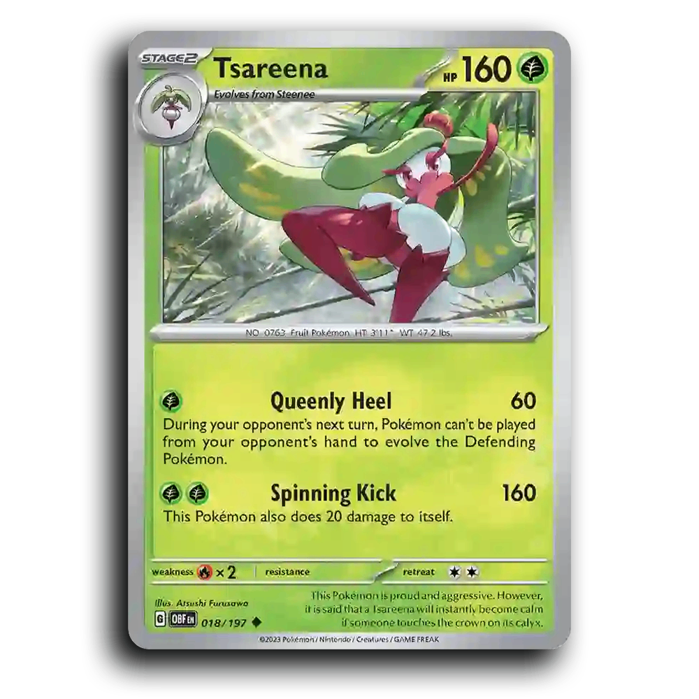 Tsareena (018/197) [Obsidian Flames] 2023 G Uncommon English Atsushi Furusawa Grass OBF Stage 2 Fruit Pokémon Pokemon Card TCG Near Mint NM
