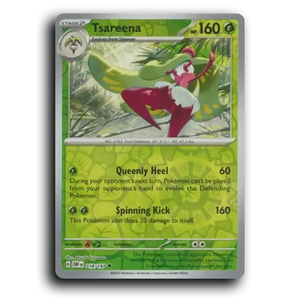 Tsareena (018/197) [Obsidian Flames] 2023 G Uncommon English Atsushi Furusawa Grass OBF Stage 2 Fruit Pokémon Pokemon Card TCG Near Mint NM Reverse Holo