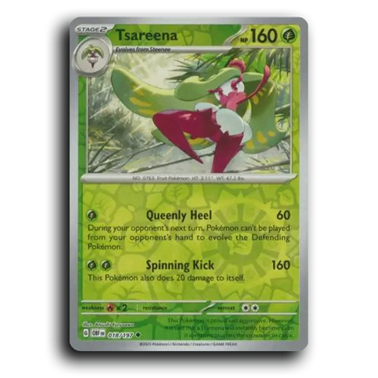 Tsareena (018/197) [Obsidian Flames] 2023 G Uncommon English Atsushi Furusawa Grass OBF Stage 2 Fruit Pokémon Pokemon Card TCG Near Mint NM Reverse Holo