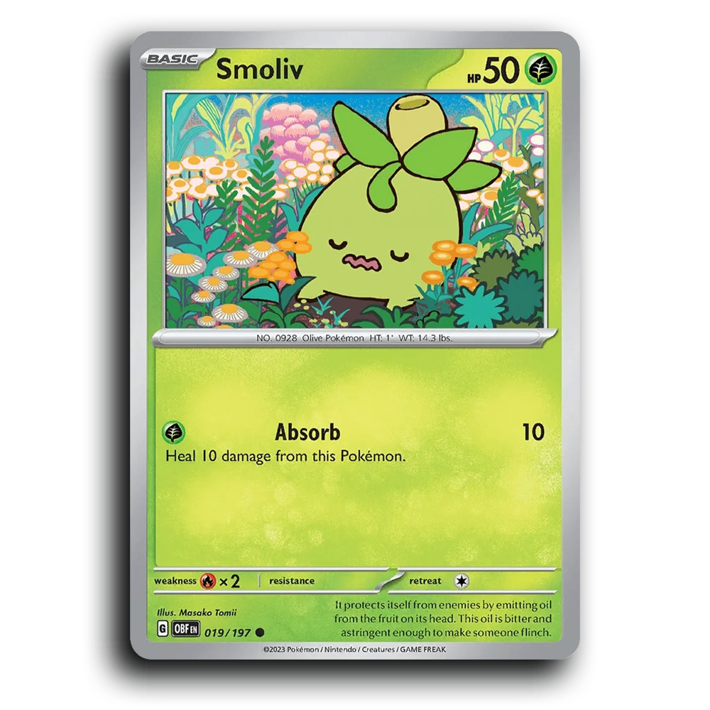 Smoliv (019/197) [Obsidian Flames] 2023 G Common English Masako Tomii Grass OBF Basic Olive Pokémon Pokemon Card TCG Near Mint NM