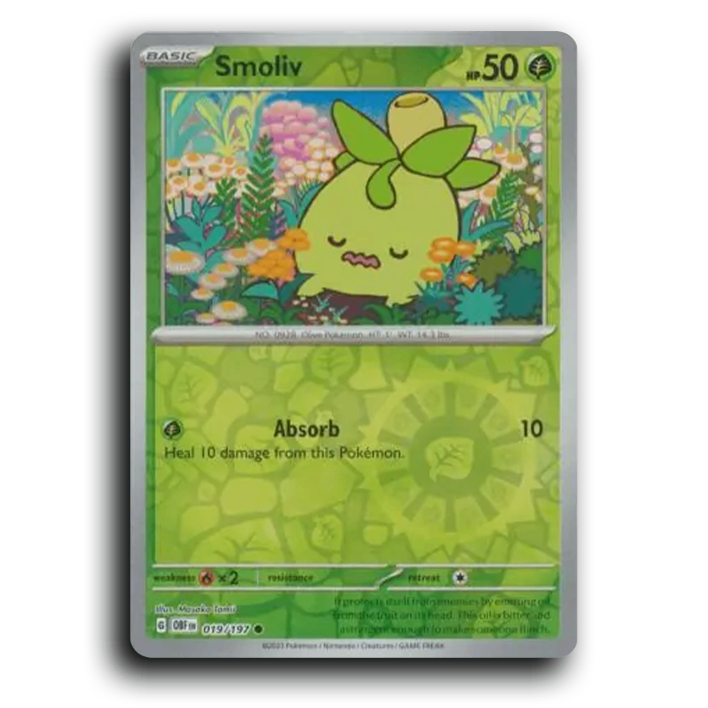 Smoliv (019/197) [Obsidian Flames] 2023 G Common English Masako Tomii Grass OBF Basic Olive Pokémon Pokemon Card TCG Near Mint NM Reverse Holo
