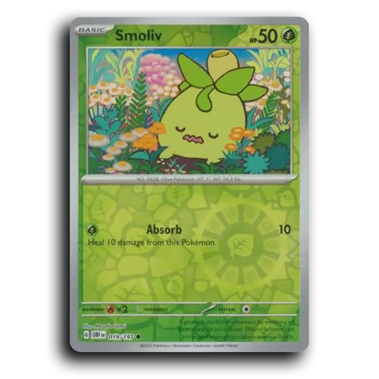 Smoliv (019/197) [Obsidian Flames] 2023 G Common English Masako Tomii Grass OBF Basic Olive Pokémon Pokemon Card TCG Near Mint NM Reverse Holo