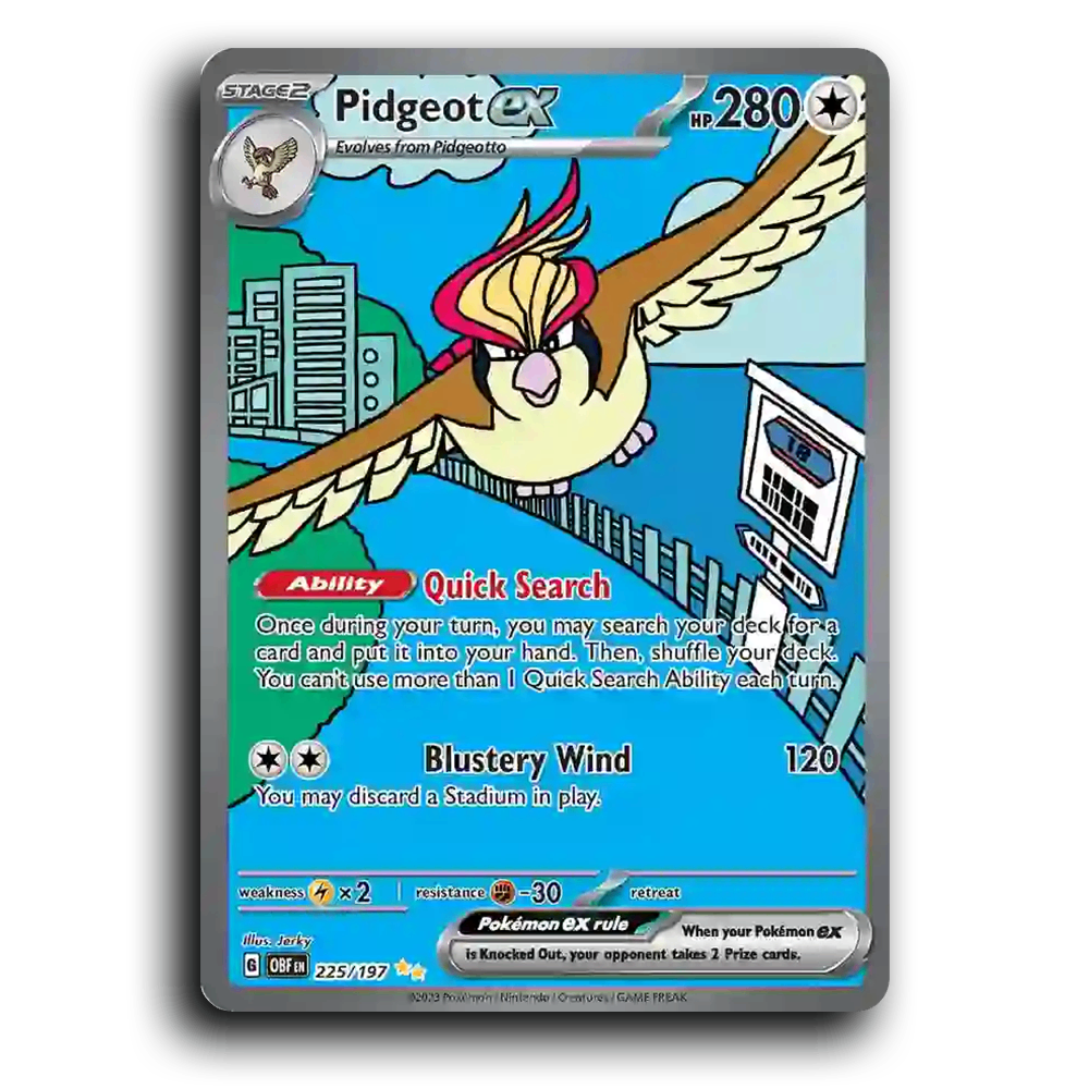 Pidgeot ex (225/197) [Obsidian Flames] 2023 G Special Illustration Rare English Jerky Colorless, ex OBF Stage 2 Bird Pokémon Pokemon Card TCG Near Mint NM