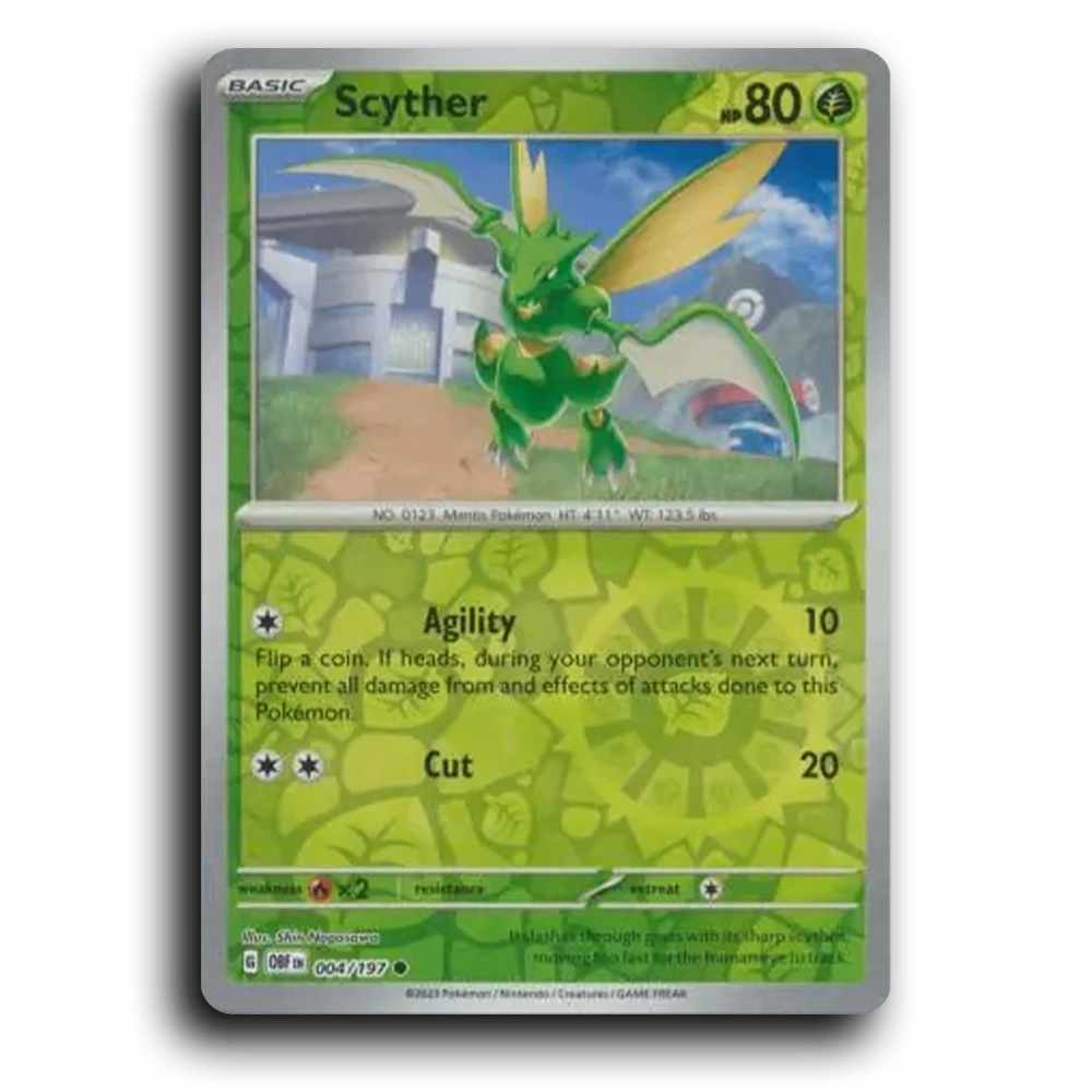 Scyther (004/197) [Obsidian Flames] 2023 G Common English Shin Nagasawa Grass OBF Basic Mantis Pokémon Pokemon Card TCG Near Mint NM Reverse Holo