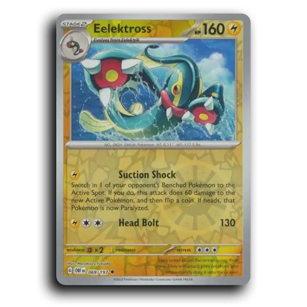 Eelektross (069/197) [Obsidian Flames] 2023 G Uncommon English Masakazu Fukuda Lightning OBF Stage 2 EleFish Pokémon Pokemon Card TCG Near Mint NM Reverse Holo