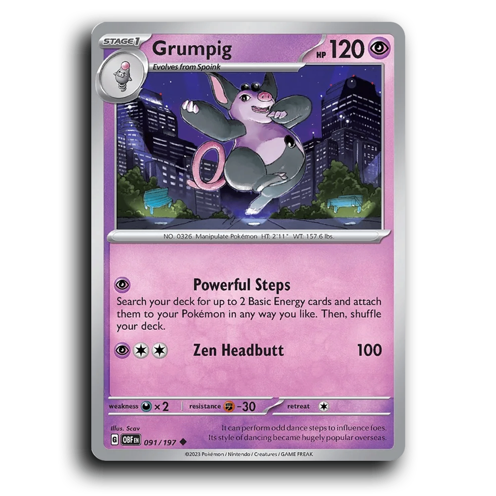 Grumpig (091/197) [Obsidian Flames] 2023 G Uncommon English Scav Psychic OBF Stage 1 Manipulate Pokémon Pokemon Card TCG Near Mint NM