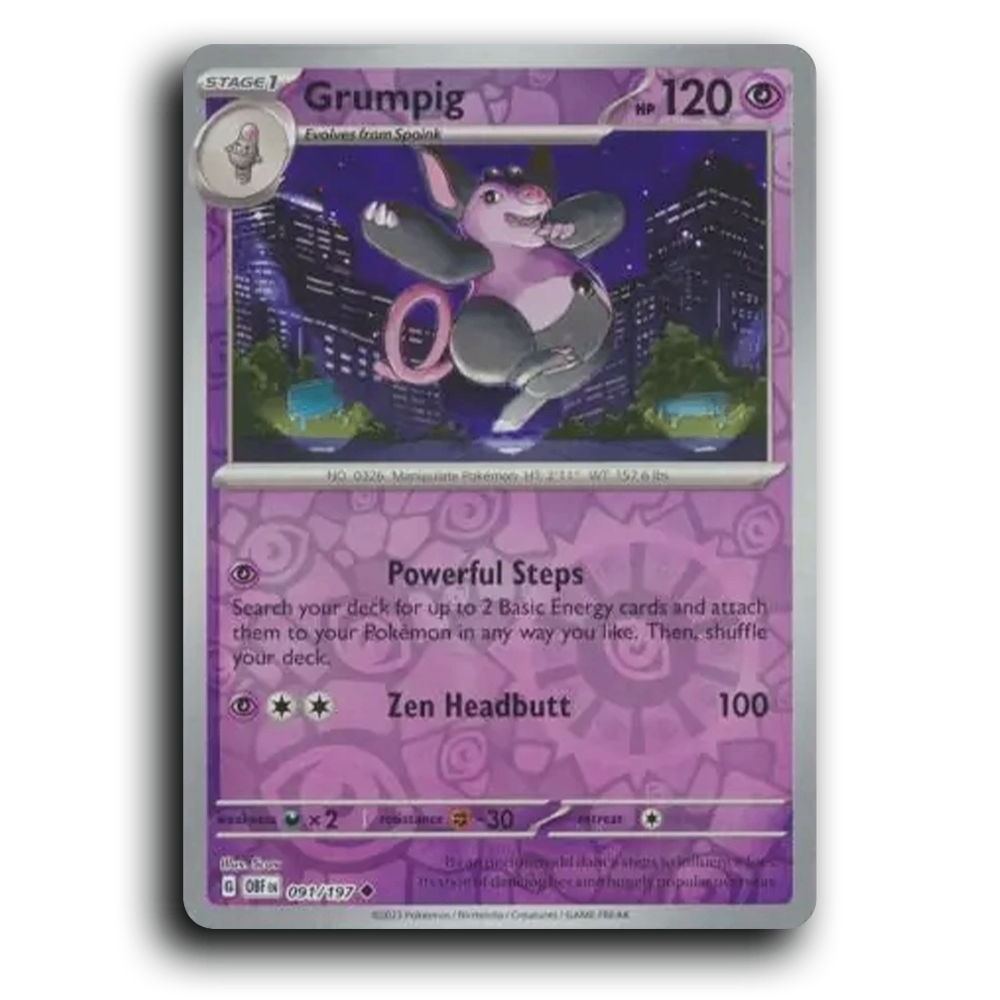 Grumpig (091/197) [Obsidian Flames] 2023 G Uncommon English Scav Psychic OBF Stage 1 Manipulate Pokémon Pokemon Card TCG Near Mint NM Reverse Holo