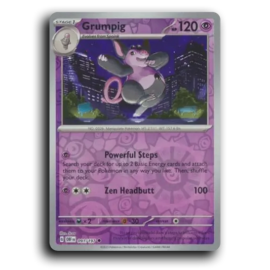 Grumpig (091/197) [Obsidian Flames] 2023 G Uncommon English Scav Psychic OBF Stage 1 Manipulate Pokémon Pokemon Card TCG Near Mint NM Reverse Holo