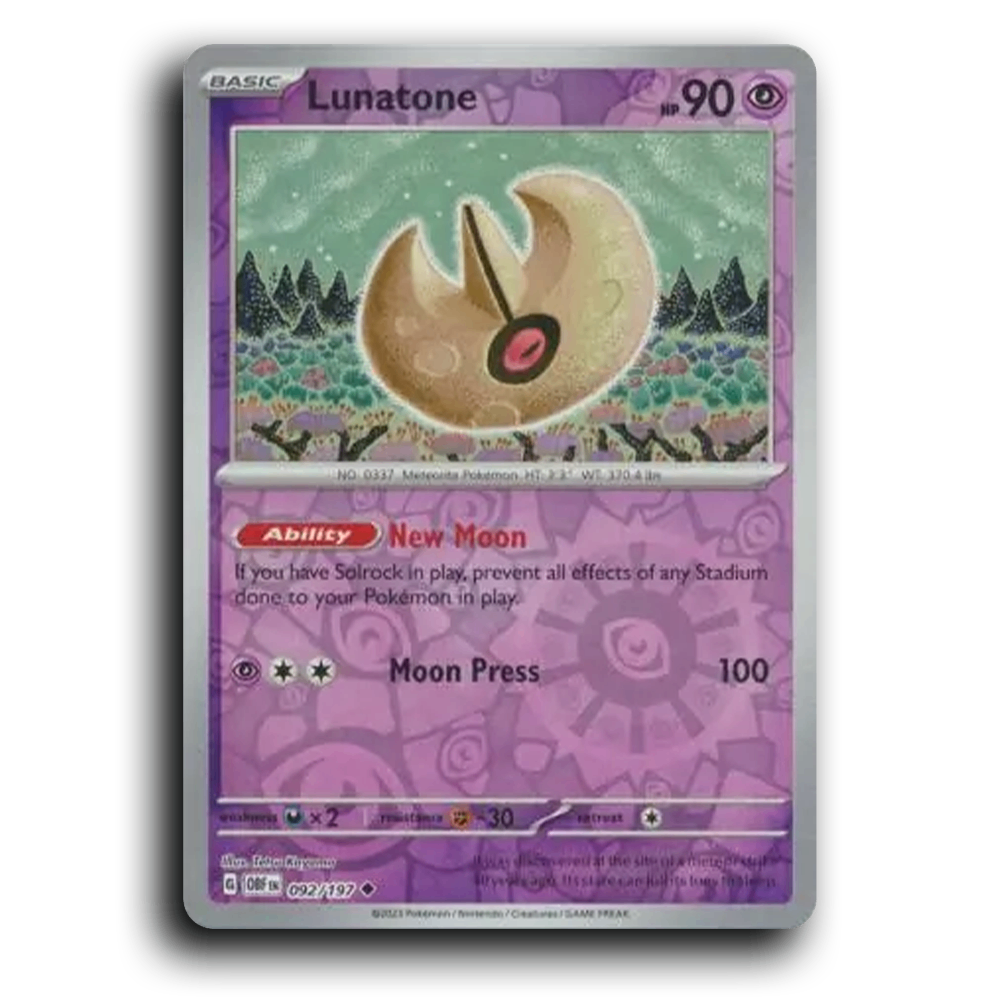Lunatone (092/197) [Obsidian Flames] 2023 G Uncommon English Tetsu Kayama Psychic OBF Basic Lunatone Pokemon Card TCG Near Mint NM Reverse Holo