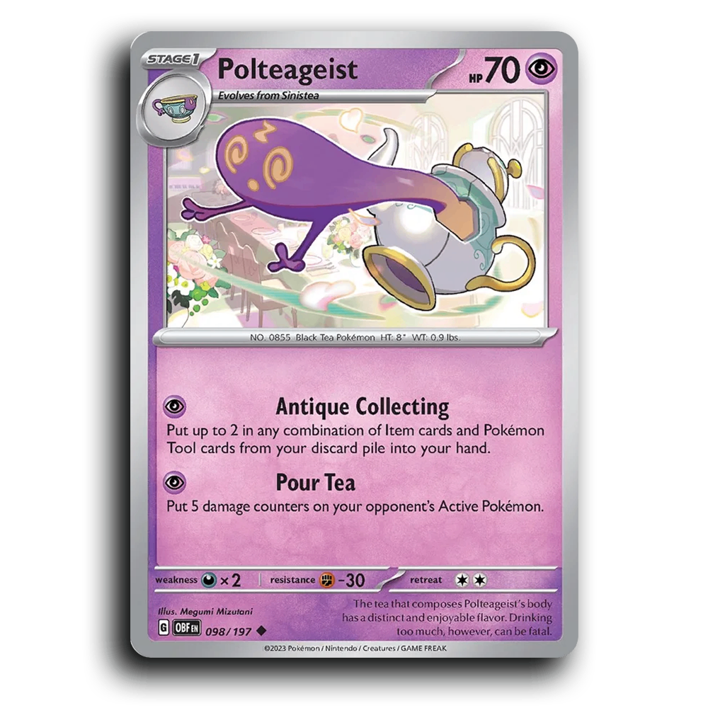 Polteageist (098/197) [Obsidian Flames] 2023 G Uncommon English Megumi Mizutani Psychic OBF Stage 1 Black Tea Pokémon Pokemon Card TCG Near Mint NM