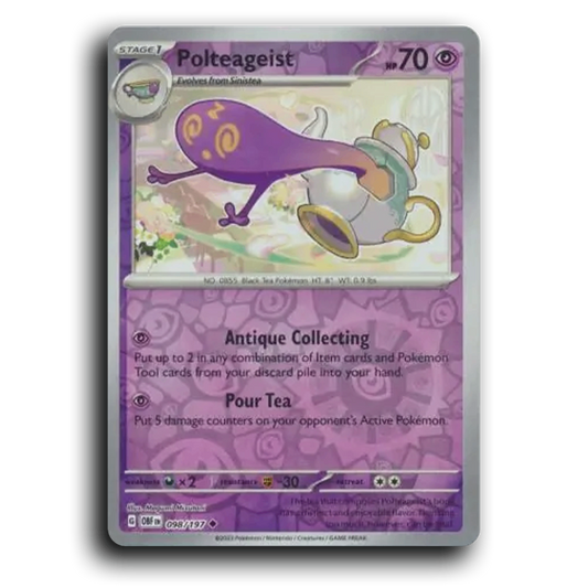 Polteageist (098/197) [Obsidian Flames] 2023 G Uncommon English Megumi Mizutani Psychic OBF Stage 1 Black Tea Pokémon Pokemon Card TCG Near Mint NM Reverse Holo